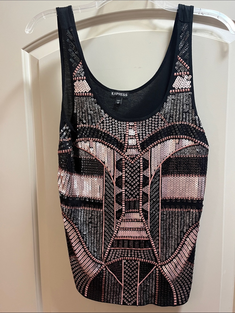 Express Black Tank with Pink Sequin Geometric Design